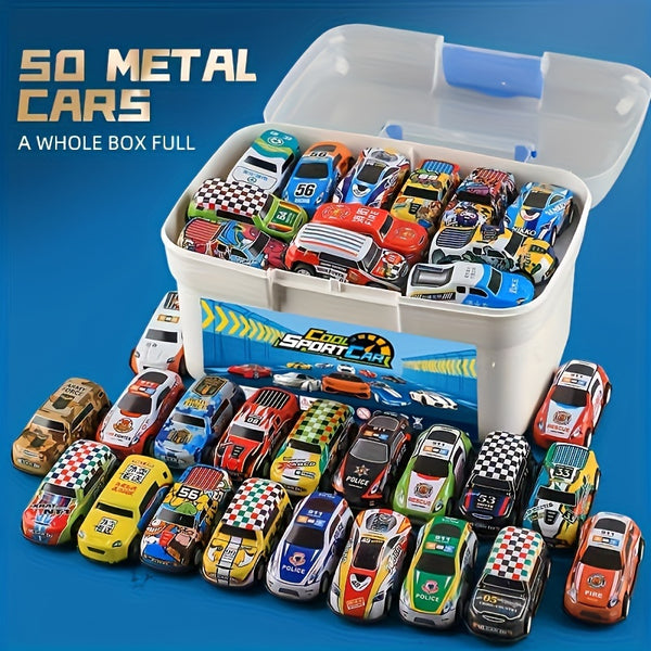 50-Piece Durable Metal Diecast Toy Cars Set with Return Force Function, Colorful Assortment, Storage Case, Foldable Play Mat, Educational and Fun Gift for Kids Ages 3 and Up