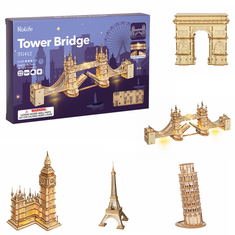 Robotime Wooden Puzzle Game DIY 3D Tower Bridge,Big Ben,Famous Building Assembly Toy Gift for Children Teen Adult