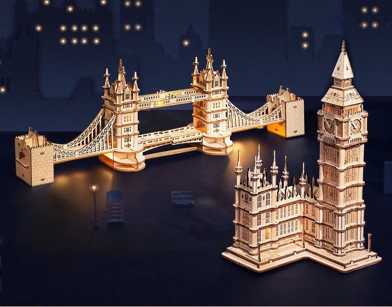 Robotime Wooden Puzzle Game DIY 3D Tower Bridge,Big Ben,Famous Building Assembly Toy Gift for Children Teen Adult