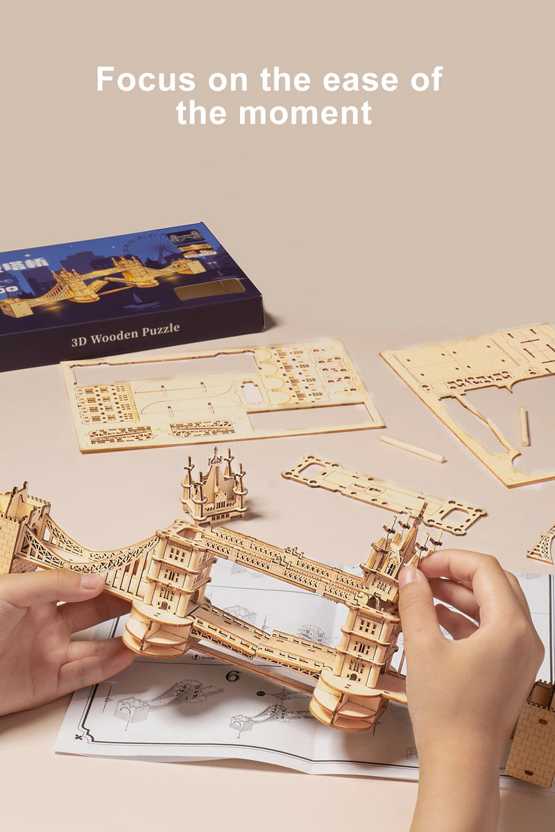 Robotime Wooden Puzzle Game DIY 3D Tower Bridge,Big Ben,Famous Building Assembly Toy Gift for Children Teen Adult