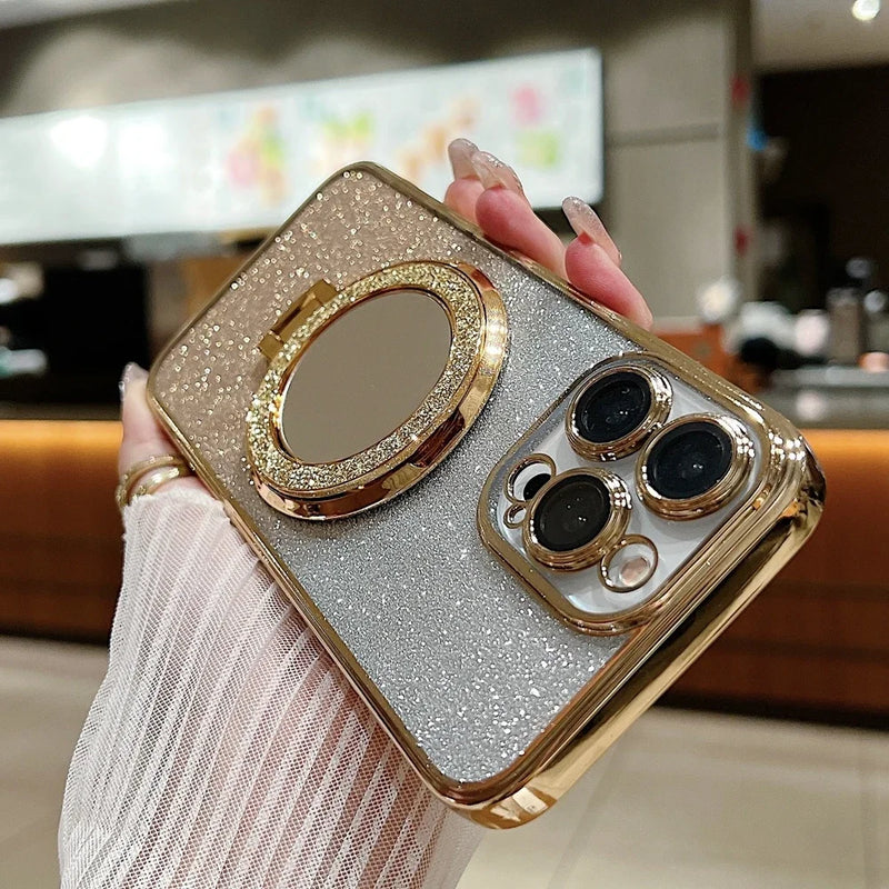 Luxury Glitter Mirror Stand Case for iPhone 16 15 14 Pro Max Bracket Gradient Make Up Plating Cover