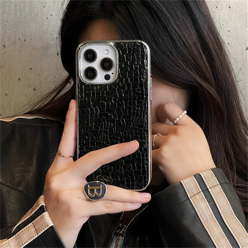 Korean Luxury Glossy UP Crocodile Hard Leather Phone Case For iphone 16 15 14 13 12 Pro Max Fashion Shockproof Back Cover Funda