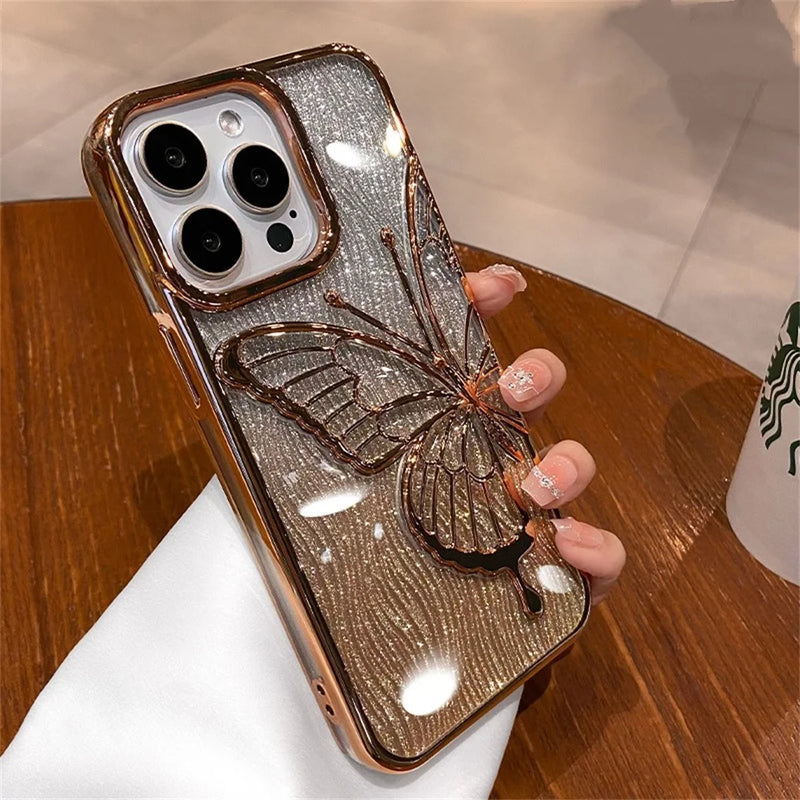 Water Ripple Gradient Glitter Butterfly Case For iPhone 16 Pro Max 16 Plus 15 Pro 14 13 12 11 Soft Electroplated Luxury Cover