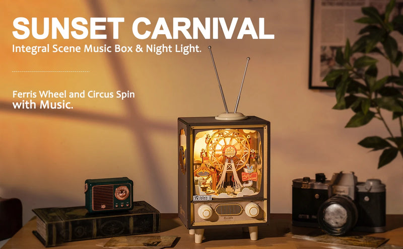 Robotime Rolife Sunset Carnival Music Boxes with Lights Ferris Wheel Home Decoration Luxu Design 3D Wooden Puzzle Toys for Child