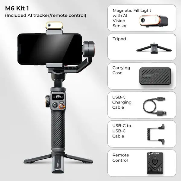 Master Cinematic Content with the Hohem iSteady M6 AI Gimbal Stabilizer, Hohem-iSteady M6 Kit Gimbal for Smartphone, 3-Axis Gimbal, AI Tracker, Fill Light, for iPhone 15 Pro Max and Android Stabilizer