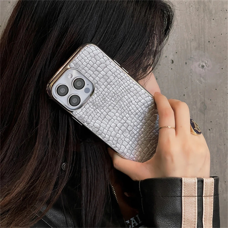 Korean Luxury Glossy UP Crocodile Hard Leather Phone Case For iphone 16 15 14 13 12 Pro Max Fashion Shockproof Back Cover Funda