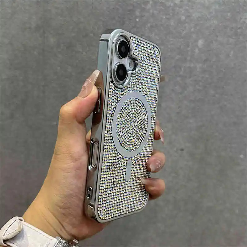 For Magsafe Magnetic Diamond Case For iPhone 16 15 14 13 12 11 Pro Max Plus Glitter Rhinestone Wrist Strap Cord Lanyard Cover