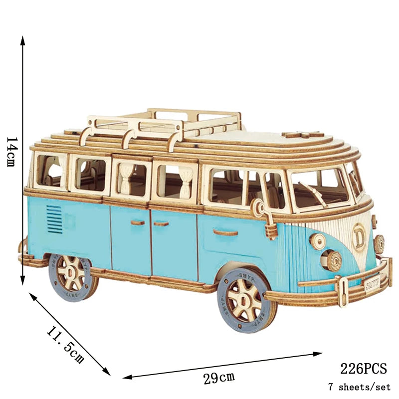 Campervan 3D Wooden Car Puzzle Retro Bus European-style DIY Princess Castle Villa Model Wood Jigsaw Toys For Children Girls