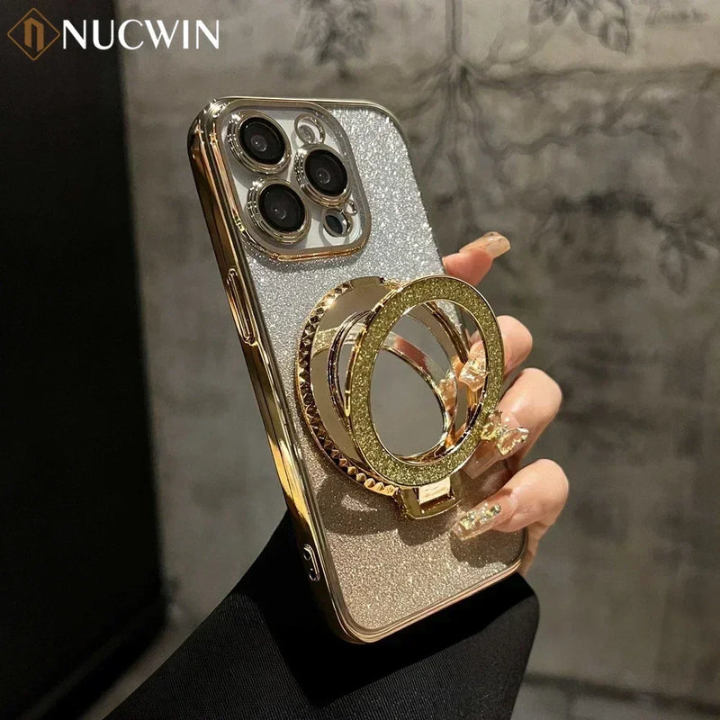 Luxury Glitter Mirror Stand Case for iPhone 16 15 14 Pro Max Bracket Gradient Make Up Plating Cover