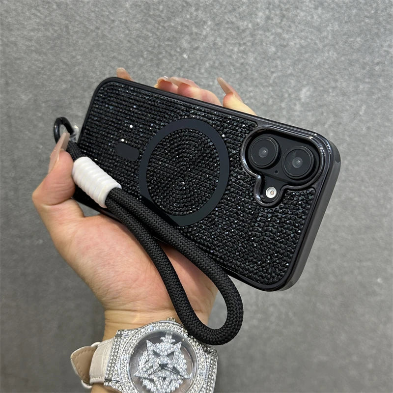 For Magsafe Magnetic Diamond Case For iPhone 16 15 14 13 12 11 Pro Max Plus Glitter Rhinestone Wrist Strap Cord Lanyard Cover