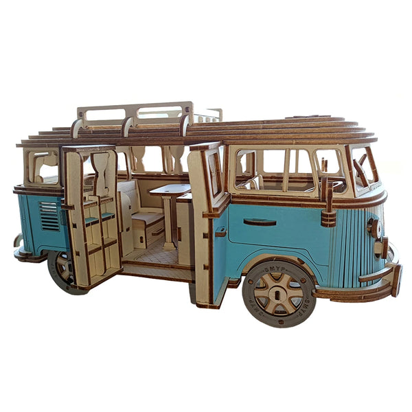 Campervan 3D Wooden Car Puzzle Retro Bus European-style DIY Princess Castle Villa Model Wood Jigsaw Toys For Children Girls