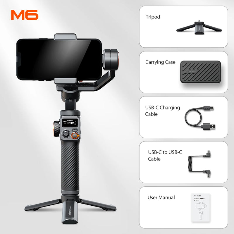 Master Cinematic Content with the Hohem iSteady M6 AI Gimbal Stabilizer, Hohem-iSteady M6 Kit Gimbal for Smartphone, 3-Axis Gimbal, AI Tracker, Fill Light, for iPhone 15 Pro Max and Android Stabilizer