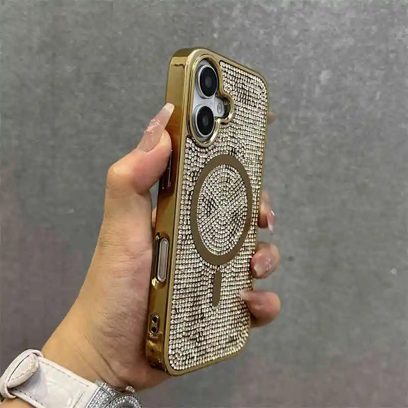 For Magsafe Magnetic Diamond Case For iPhone 16 15 14 13 12 11 Pro Max Plus Glitter Rhinestone Wrist Strap Cord Lanyard Cover