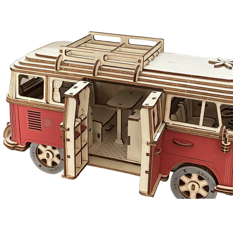 Campervan 3D Wooden Car Puzzle Retro Bus European-style DIY Princess Castle Villa Model Wood Jigsaw Toys For Children Girls