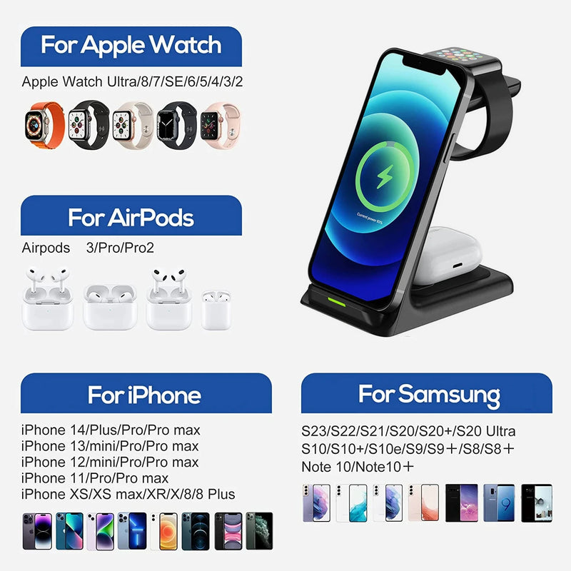 Wireless Charger 3 in 1 For iPhone 15 14 13 Pro Max 30W Fast Charging Dock Station For Samsung Galaxy S24 Ultra Induction Stand