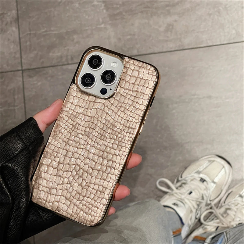 Korean Luxury Glossy UP Crocodile Hard Leather Phone Case For iphone 16 15 14 13 12 Pro Max Fashion Shockproof Back Cover Funda