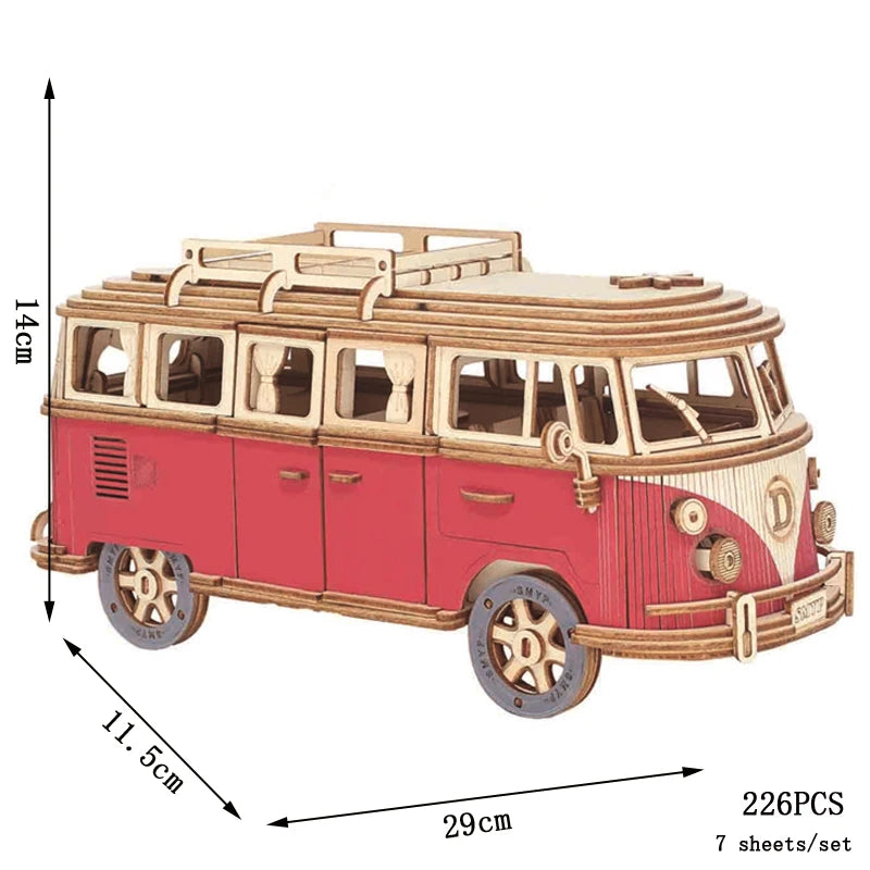 Campervan 3D Wooden Car Puzzle Retro Bus European-style DIY Princess Castle Villa Model Wood Jigsaw Toys For Children Girls