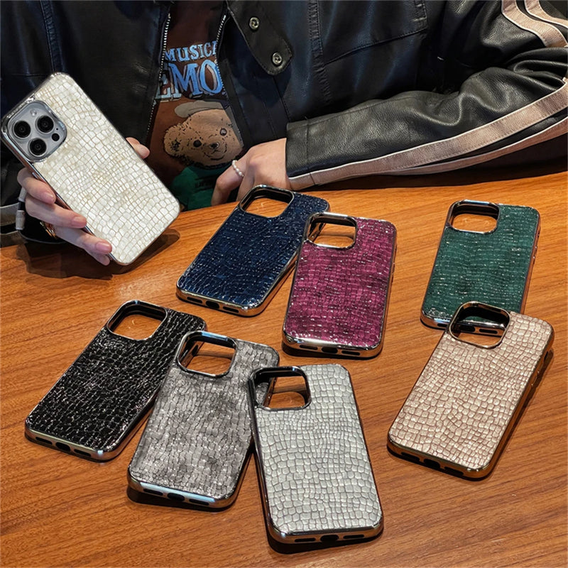 Korean Luxury Glossy UP Crocodile Hard Leather Phone Case For iphone 16 15 14 13 12 Pro Max Fashion Shockproof Back Cover Funda