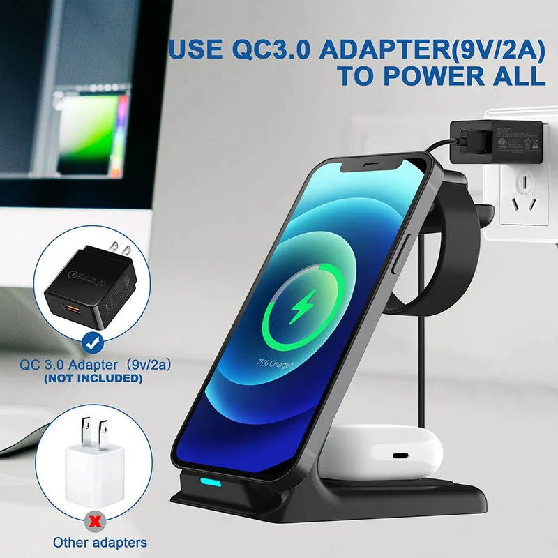 Wireless Charger 3 in 1 For iPhone 15 14 13 Pro Max 30W Fast Charging Dock Station For Samsung Galaxy S24 Ultra Induction Stand