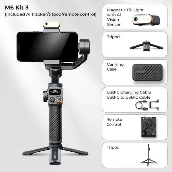 Master Cinematic Content with the Hohem iSteady M6 AI Gimbal Stabilizer, Hohem-iSteady M6 Kit Gimbal for Smartphone, 3-Axis Gimbal, AI Tracker, Fill Light, for iPhone 15 Pro Max and Android Stabilizer