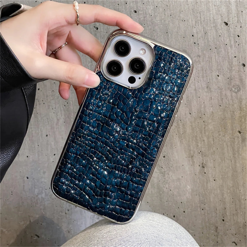 Korean Luxury Glossy UP Crocodile Hard Leather Phone Case For iphone 16 15 14 13 12 Pro Max Fashion Shockproof Back Cover Funda