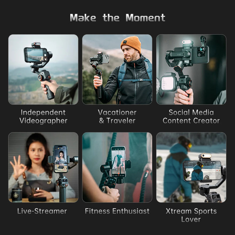 Master Cinematic Content with the Hohem iSteady M6 AI Gimbal Stabilizer, Hohem-iSteady M6 Kit Gimbal for Smartphone, 3-Axis Gimbal, AI Tracker, Fill Light, for iPhone 15 Pro Max and Android Stabilizer