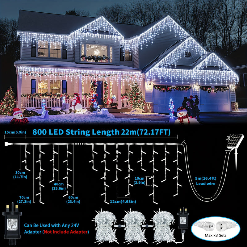 Solar Icicle Lights Outdoor, 72FT 800LED 8 Modes Icicle Christmas Lights Icicle String Lights IP65 Waterproof With Remote Timer For Party, Wedding, Christmas Decorations-White, Warm Colour, Multicolour