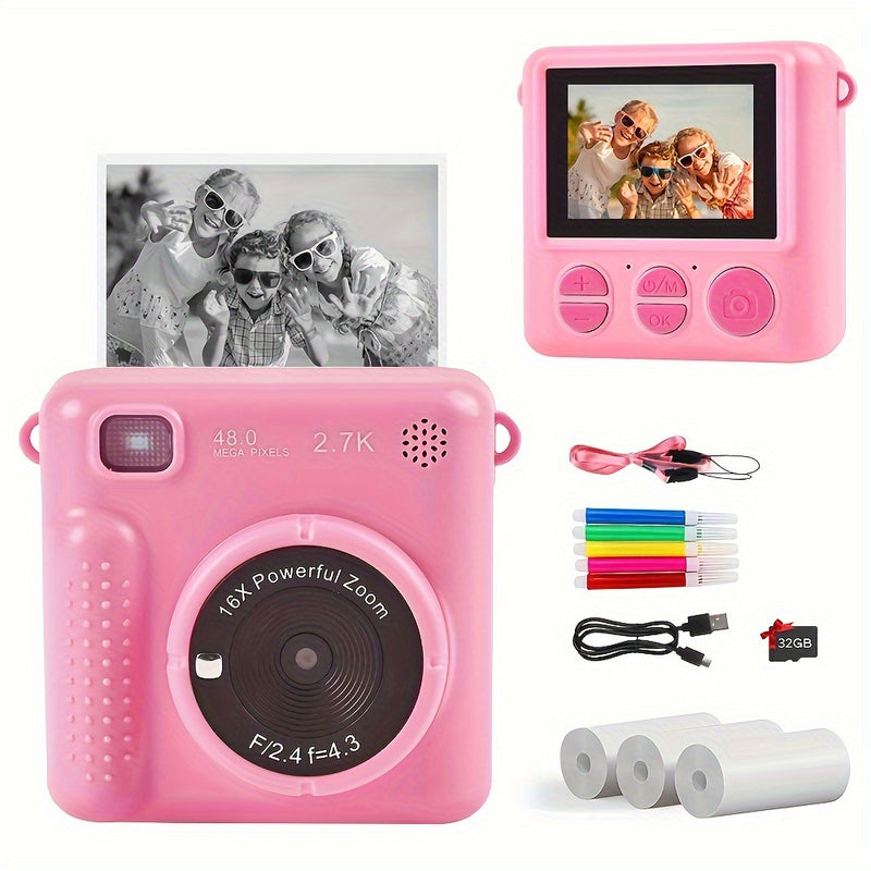 Kids Camera Instant Camera, 1080P 2.4 Inch Screen Instant Camera Kids With Print Paper & 32GB Card, Digital Camera Kids Gift For Kids3-12 Years