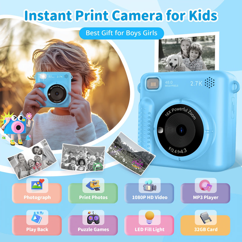 Kids Camera Instant Camera, 1080P 2.4 Inch Screen Instant Camera Kids With Print Paper & 32GB Card, Digital Camera Kids Gift For Kids3-12 Years