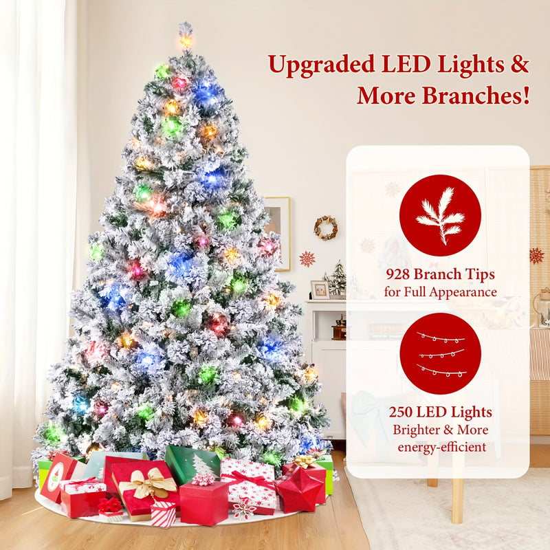 Bring Holiday Cheer Home with a 6/7.5ft Pre-Lit Snow Flocked Christmas Tree, 250 Multicolored & Warm White Lights 6/7.5ft Prelit Artificial Snow Flocked Hinged Christmas Tree with 928 Branch Tips, Metal Hinges, Foldable Stand