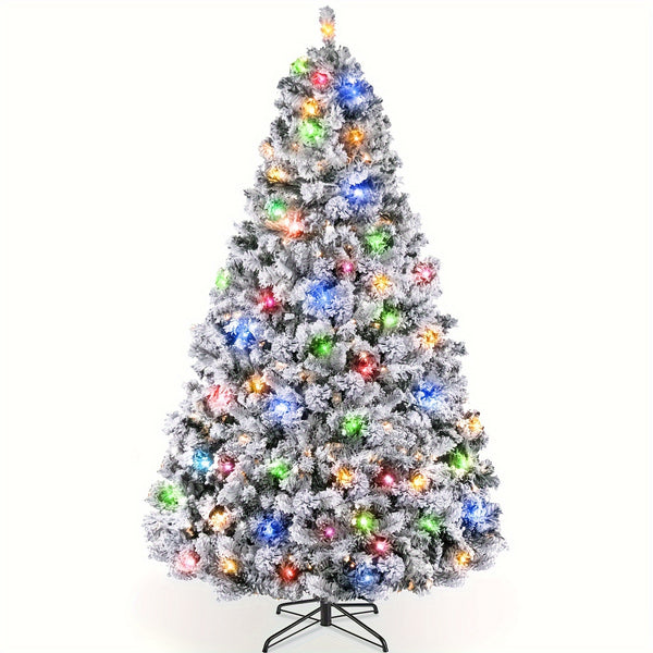 Bring Holiday Cheer Home with a 6/7.5ft Pre-Lit Snow Flocked Christmas Tree, 250 Multicolored & Warm White Lights 6/7.5ft Prelit Artificial Snow Flocked Hinged Christmas Tree with 928 Branch Tips, Metal Hinges, Foldable Stand