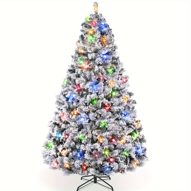 Bring Holiday Cheer Home with a 6/7.5ft Pre-Lit Snow Flocked Christmas Tree, 250 Multicolored & Warm White Lights 6/7.5ft Prelit Artificial Snow Flocked Hinged Christmas Tree with 928 Branch Tips, Metal Hinges, Foldable Stand