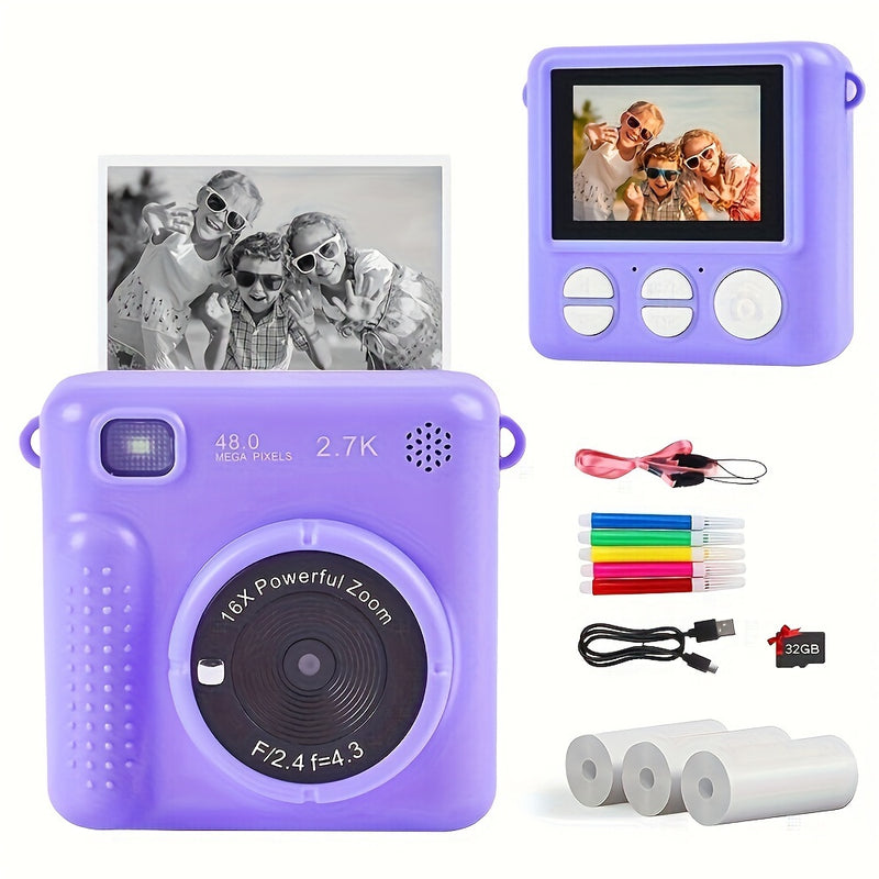 Kids Camera Instant Camera, 1080P 2.4 Inch Screen Instant Camera Kids With Print Paper & 32GB Card, Digital Camera Kids Gift For Kids3-12 Years