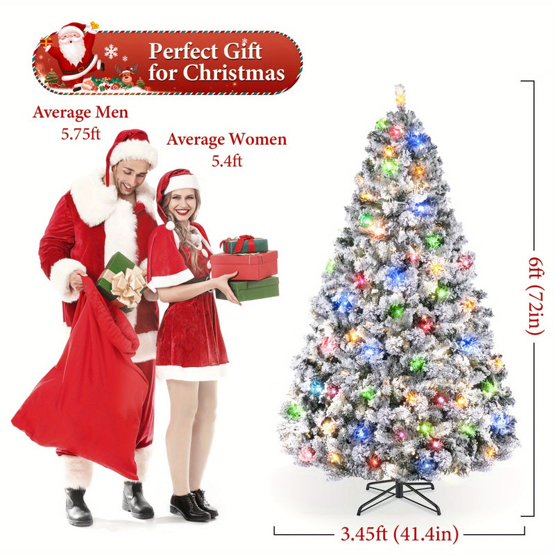 Bring Holiday Cheer Home with a 6/7.5ft Pre-Lit Snow Flocked Christmas Tree, 250 Multicolored & Warm White Lights 6/7.5ft Prelit Artificial Snow Flocked Hinged Christmas Tree with 928 Branch Tips, Metal Hinges, Foldable Stand